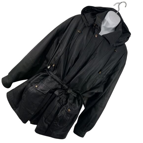 PRESTIGE LEATHER! BLACK GENUINE LEATHER BELTED WAIST HOODIE COAT, JACKET! SZ 2XL - Picture 1 of 15